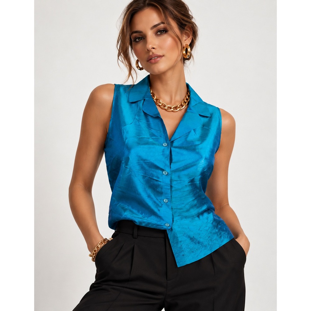 NWT Allison Taylor Petite Medium Womens Blue Silk Tank Top Button Embroidered
